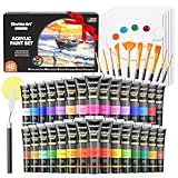 Shuttle Art 48 Pack Acrylic Paint Set, 30 Colors Acrylic Paint (36ml) with 10 Brushes 5 Canvas 1 Paint Knife 1 Palette 1 Sponge, Complete Set for Kids, Adults Painting on Canvas Rocks Wood Ceramic