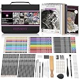 HIFORNY 100 PCS Drawing & Sketching Set,Professional Art Supplies with Graphite,Charcoal, Colored,Watercolour,Metallic Pencils,Blending Tools,Sketchbook and Colouring Book in Zipper Case(Black)