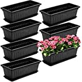 Fasmov 7 Pack 17 Inches Flower Window Box Plastic Vegetable Planters with Trays Vegetables Growing Container Garden Flower Plant Pot with 7 Pcs Plant Labels for Balcony, Patio, Garden, Black