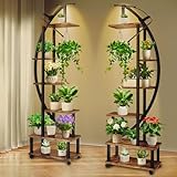 Homegroove 2 pcs 6 Tier Tall Metal Plant Stand Indoor with Growing Light, Half Moon Shape Large Plant Shelf & Detachable Wheels, Curved Ladder Flower Pot Stand Rack for Home Patio Lawn Garden Balcony