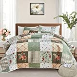 Floral Patchwork Quilt Set 3 Pieces Full/Queen Size, Green Plaid Reversible Bedspread Coverlet Set, Soft Microfiber Lightweight Bed Cover for All Season (90" x 90", 1 Quilt+ 2 Pillow Shams)