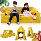 Lunix LX15 14pcs Modular Kids Play Couch, Child Sectional Sofa, Fortplay Bedroom and Playroom Furniture for Toddlers, Convertible Foam and Floor Cushion for Boys and Girls, Yellow