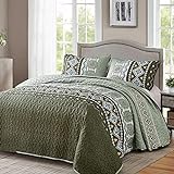 Boho Quilt Set King Size Olive Green Bedding Bedspread Reversible Geometric Aztec Pattern Soft Lightweight Microfiber Bohemian Coverlet Set for All Season 3 Pieces 90"x103"