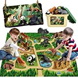 Mini Tudou 12 Pcs Safari Animals Figures Toys w/ 57x38.6’’ Large Activity Play Mat, Realistic Jumbo Jungle Wild Zoo Animals Figurines Playset w/ Elephant, Giraffe, Lion for Kids Toddlers Boys & Girls