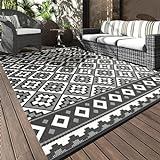 Outdoor Rug Geometric Patio Rug Waterproof Camping Outdoor Carpet Reversible Deck Rugs Portable RV Mat Plastic Straw Rug for Patio Balcony RV Camping Backyard Picnic Black & White 6X9FT