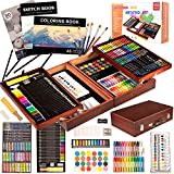 KINSPORY Art Supplies, 168-Pack Deluxe Creative Christmas Gift, Wooden Art Set Crafts Drawing Painting Coloring Kit with 1 Coloring Book, 2 Sketch Pads for Artist Beginners Kids Girls Boys (Deep Brown)